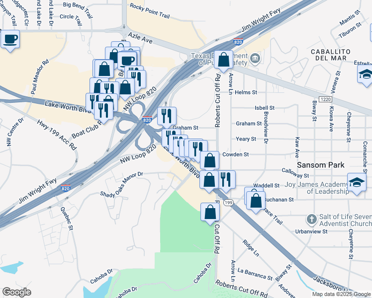 map of restaurants, bars, coffee shops, grocery stores, and more near 6048 Lake Worth Boulevard in Fort Worth