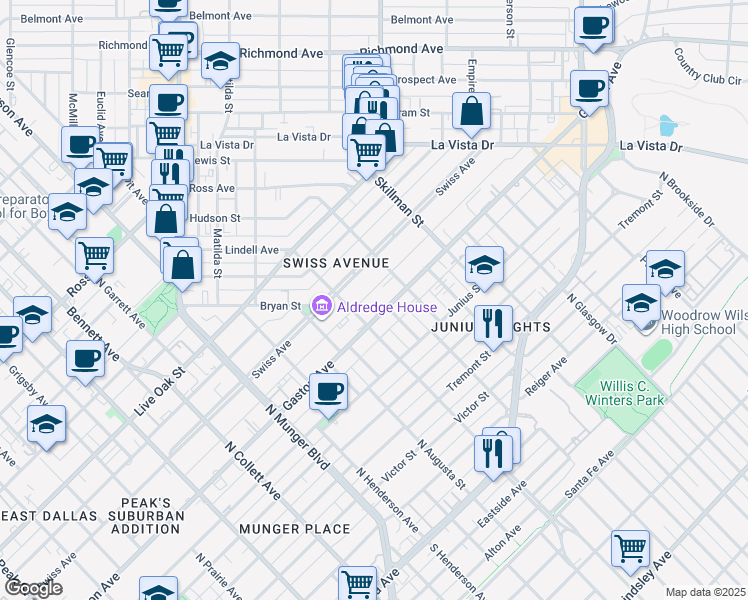 map of restaurants, bars, coffee shops, grocery stores, and more near 5619 Gaston Avenue in Dallas
