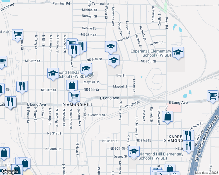 map of restaurants, bars, coffee shops, grocery stores, and more near 3455 Lulu Street in Fort Worth