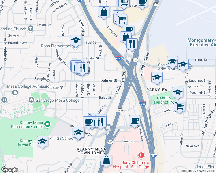 map of restaurants, bars, coffee shops, grocery stores, and more near 8036 Linda Vista Road in San Diego