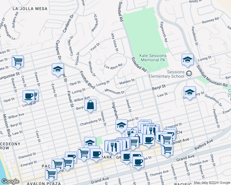 map of restaurants, bars, coffee shops, grocery stores, and more near Monmouth Drive in San Diego