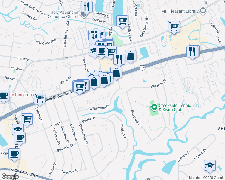 map of restaurants, bars, coffee shops, grocery stores, and more near 724 Williamson Drive in Mount Pleasant