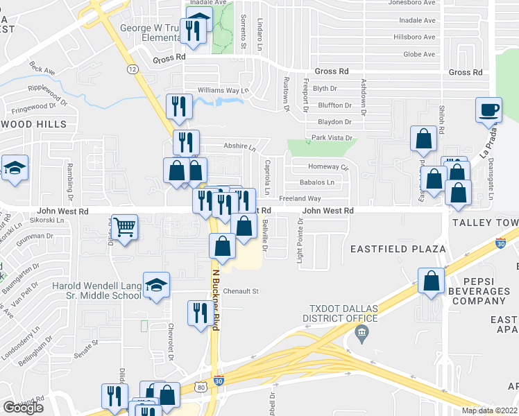 map of restaurants, bars, coffee shops, grocery stores, and more near John West Road in Dallas