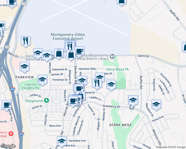map of restaurants, bars, coffee shops, grocery stores, and more near 3496 Ediwhar Avenue in San Diego