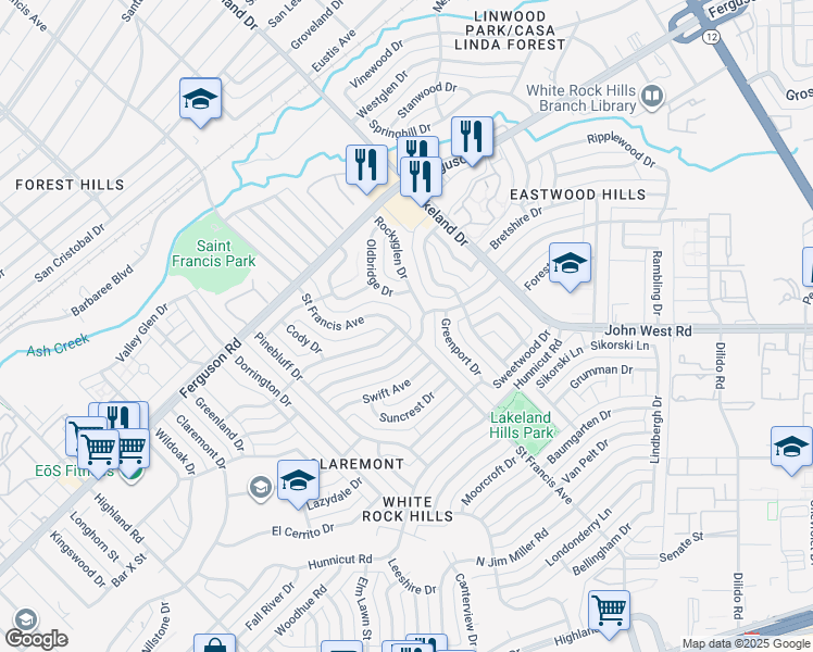 map of restaurants, bars, coffee shops, grocery stores, and more near 2410 Saint Francis Avenue in Dallas