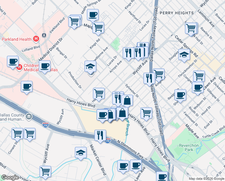 map of restaurants, bars, coffee shops, grocery stores, and more near 2238 Wycliff Avenue in Dallas