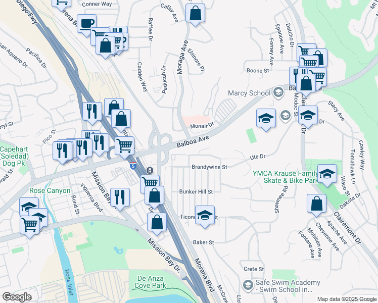 map of restaurants, bars, coffee shops, grocery stores, and more near 3360 Mount Laurence Drive in San Diego