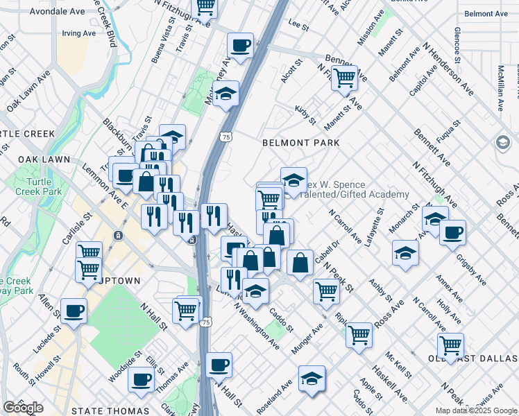 map of restaurants, bars, coffee shops, grocery stores, and more near 4241 Capitol Avenue in Dallas