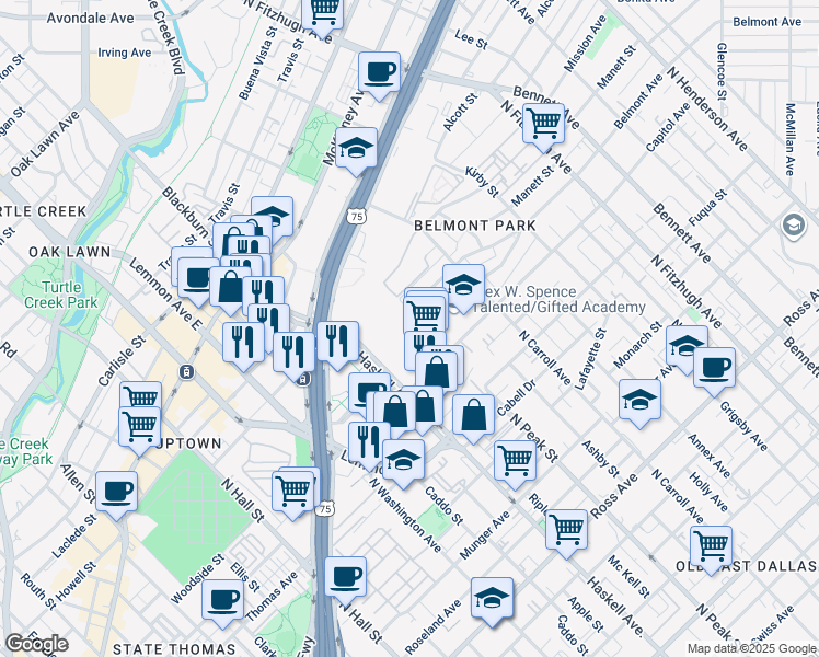 map of restaurants, bars, coffee shops, grocery stores, and more near 2660 North Haskell Avenue in Dallas