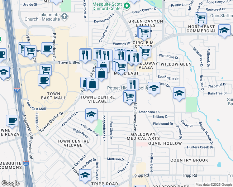 map of restaurants, bars, coffee shops, grocery stores, and more near 3700 Poteet Drive in Mesquite