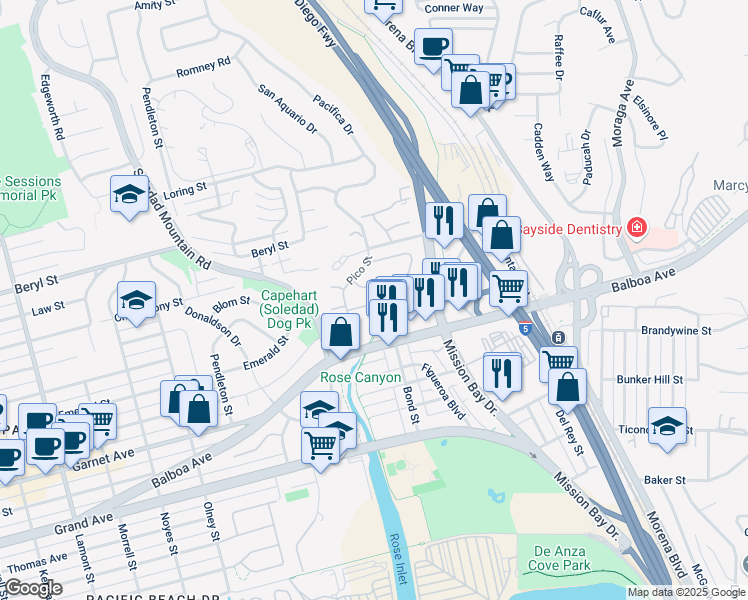 map of restaurants, bars, coffee shops, grocery stores, and more near 114 Pico Place in San Diego