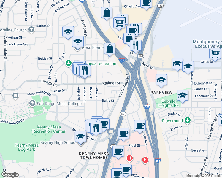 map of restaurants, bars, coffee shops, grocery stores, and more near 8036 Linda Vista Road in San Diego