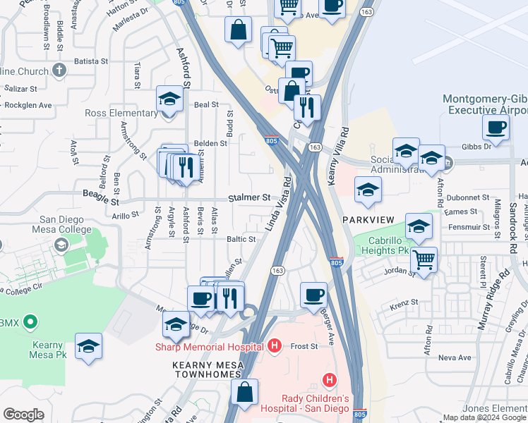 map of restaurants, bars, coffee shops, grocery stores, and more near 8026 Linda Vista Road in San Diego