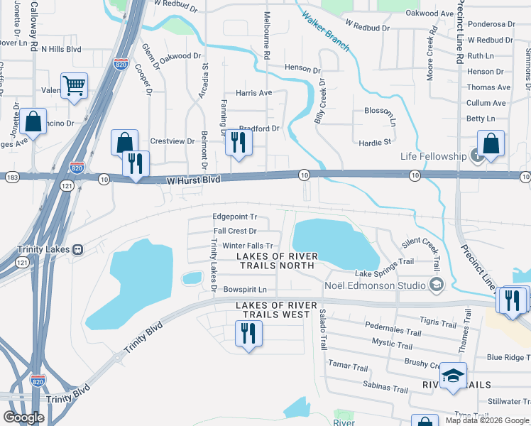 map of restaurants, bars, coffee shops, grocery stores, and more near 8372 Edgepoint Tr in Hurst