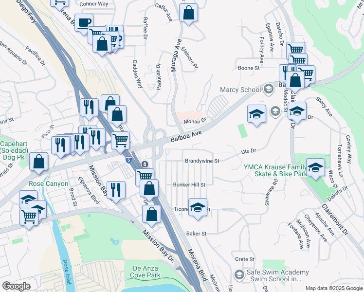 map of restaurants, bars, coffee shops, grocery stores, and more near 3360 Mount Laurence Drive in San Diego