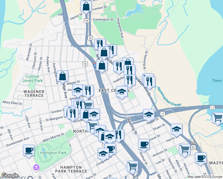 map of restaurants, bars, coffee shops, grocery stores, and more near 670 Meeting Street in Charleston