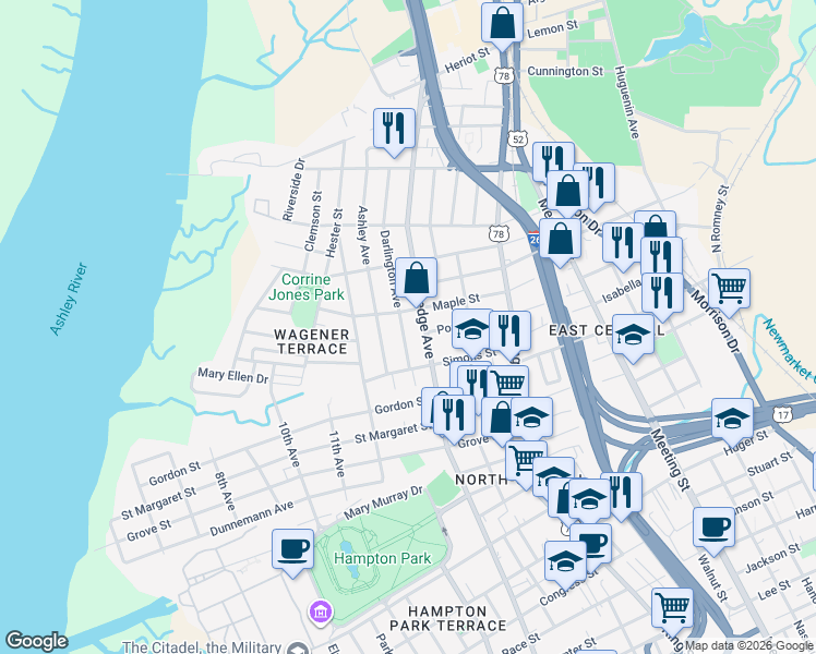 map of restaurants, bars, coffee shops, grocery stores, and more near 30 Darlington Avenue in Charleston