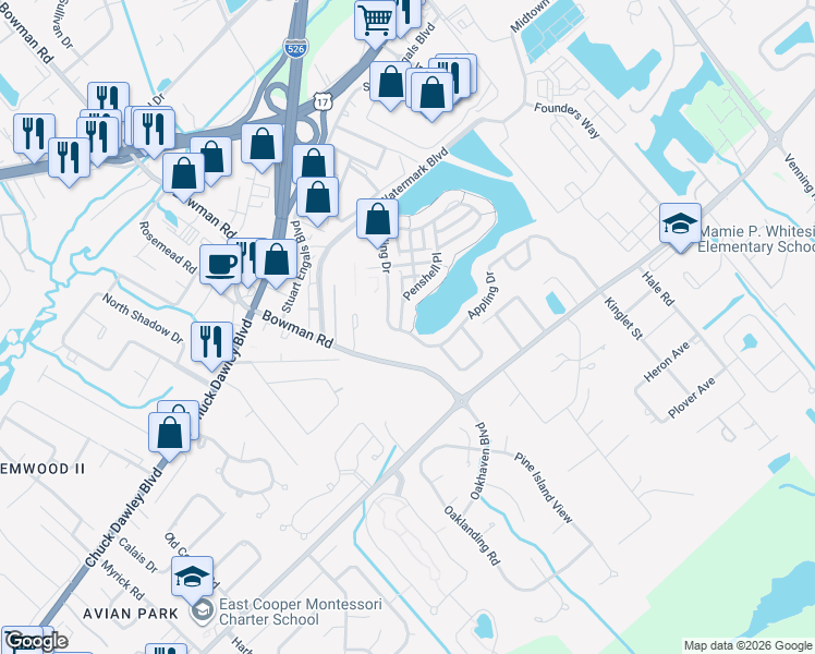 map of restaurants, bars, coffee shops, grocery stores, and more near 246 Bowman Road in Mount Pleasant