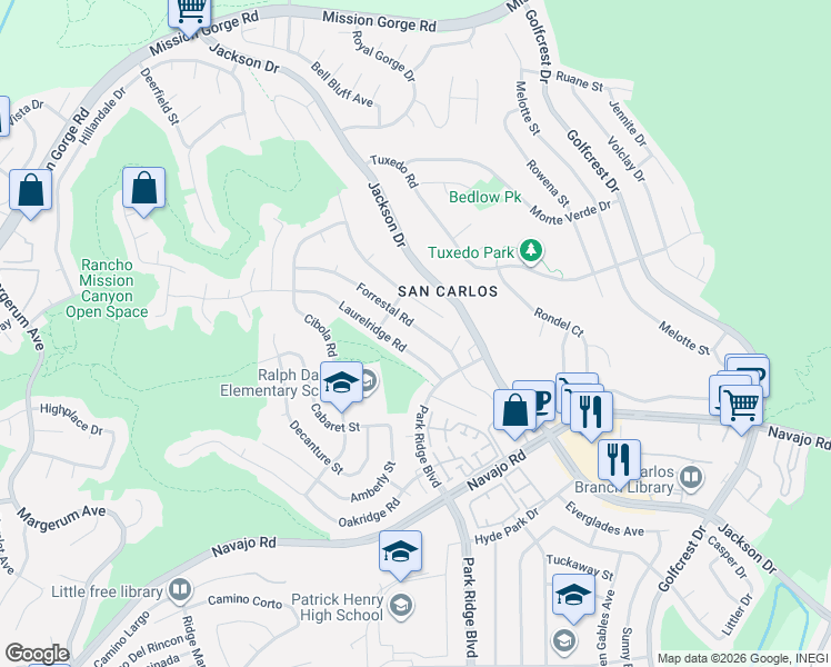 map of restaurants, bars, coffee shops, grocery stores, and more near 7832 Forrestal Road in San Diego