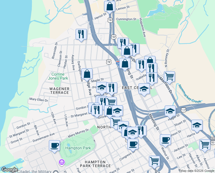 map of restaurants, bars, coffee shops, grocery stores, and more near 48 Simons Street in Charleston