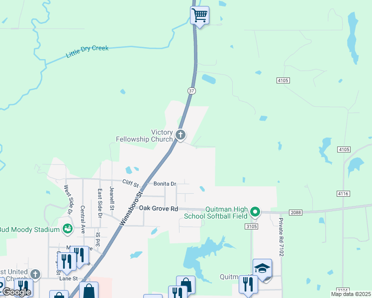 map of restaurants, bars, coffee shops, grocery stores, and more near 1202 Cedar Drive in Quitman