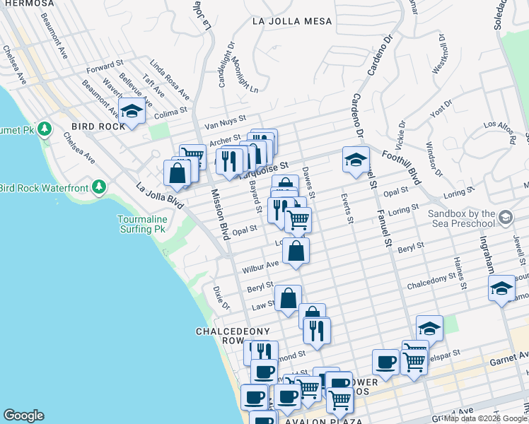 map of restaurants, bars, coffee shops, grocery stores, and more near 933 Tourmaline Street in San Diego