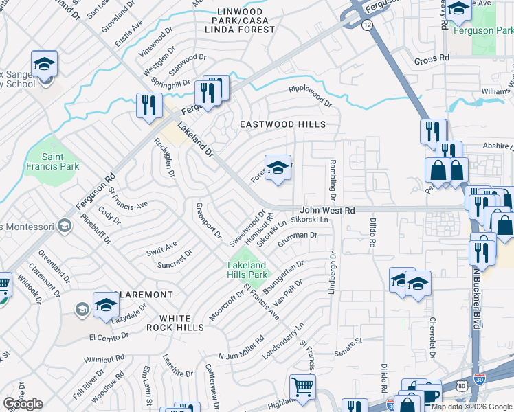 map of restaurants, bars, coffee shops, grocery stores, and more near 8570 Sweetwood Drive in Dallas