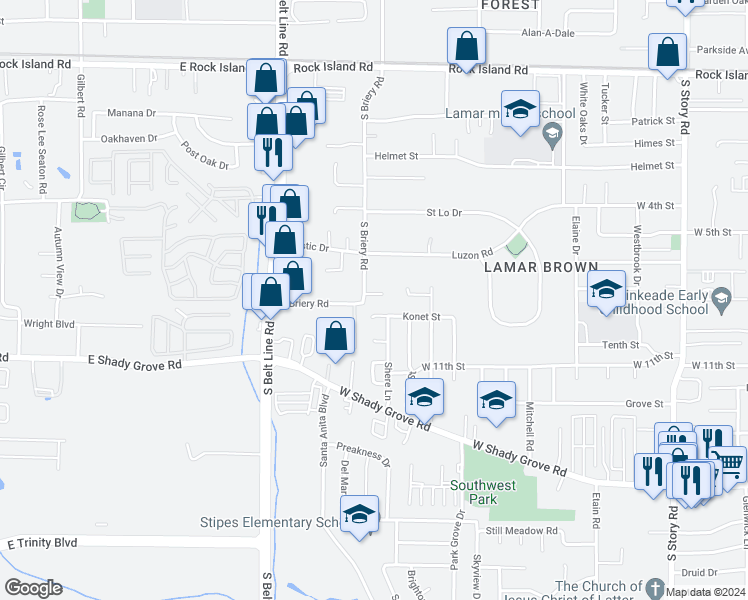 map of restaurants, bars, coffee shops, grocery stores, and more near 3218 Vinson Court in Irving