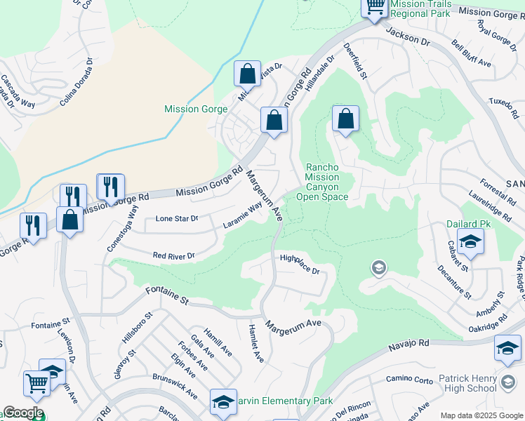 map of restaurants, bars, coffee shops, grocery stores, and more near 5865 Laramie Way in San Diego