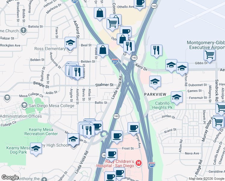 map of restaurants, bars, coffee shops, grocery stores, and more near 8011 Linda Vista Road in San Diego
