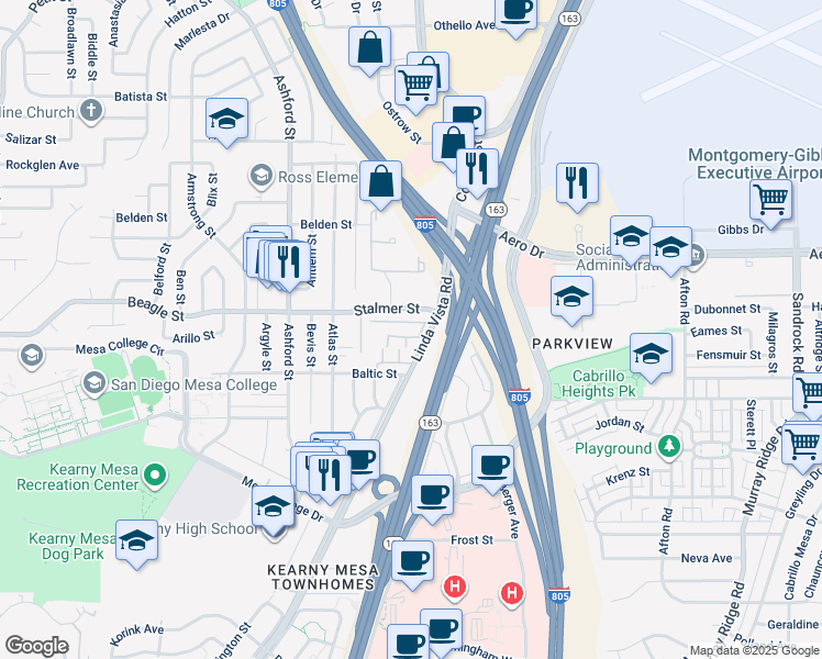 map of restaurants, bars, coffee shops, grocery stores, and more near 8011 Linda Vista Road in San Diego