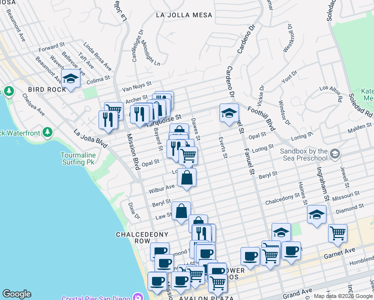 map of restaurants, bars, coffee shops, grocery stores, and more near 1052 Loring Street in San Diego