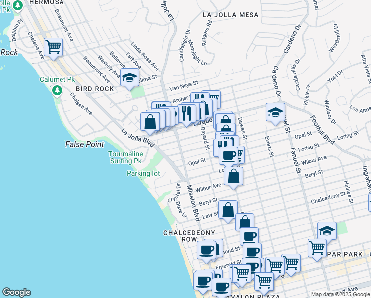map of restaurants, bars, coffee shops, grocery stores, and more near 5061 Mission Boulevard in San Diego