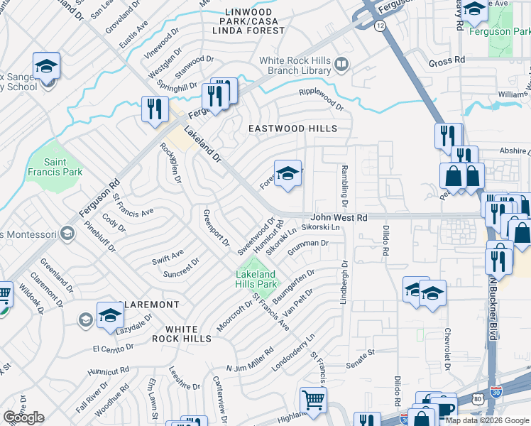 map of restaurants, bars, coffee shops, grocery stores, and more near 8570 Sweetwood Drive in Dallas