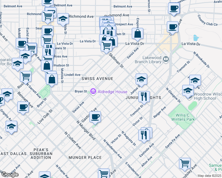 map of restaurants, bars, coffee shops, grocery stores, and more near 5597 Gaston Avenue in Dallas