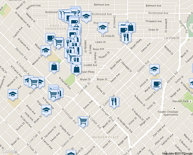map of restaurants, bars, coffee shops, grocery stores, and more near 5400 Live Oak Street in Dallas