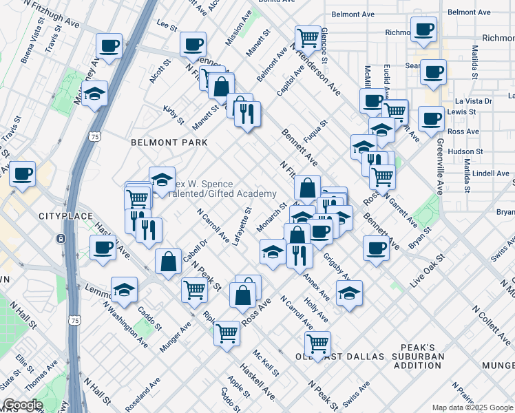 map of restaurants, bars, coffee shops, grocery stores, and more near 4609 Monarch Street in Dallas