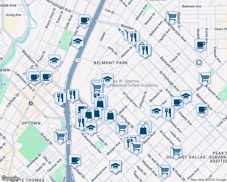 map of restaurants, bars, coffee shops, grocery stores, and more near 4407 Deere Street in Dallas