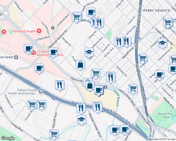 map of restaurants, bars, coffee shops, grocery stores, and more near 2126 Arroyo Avenue in Dallas