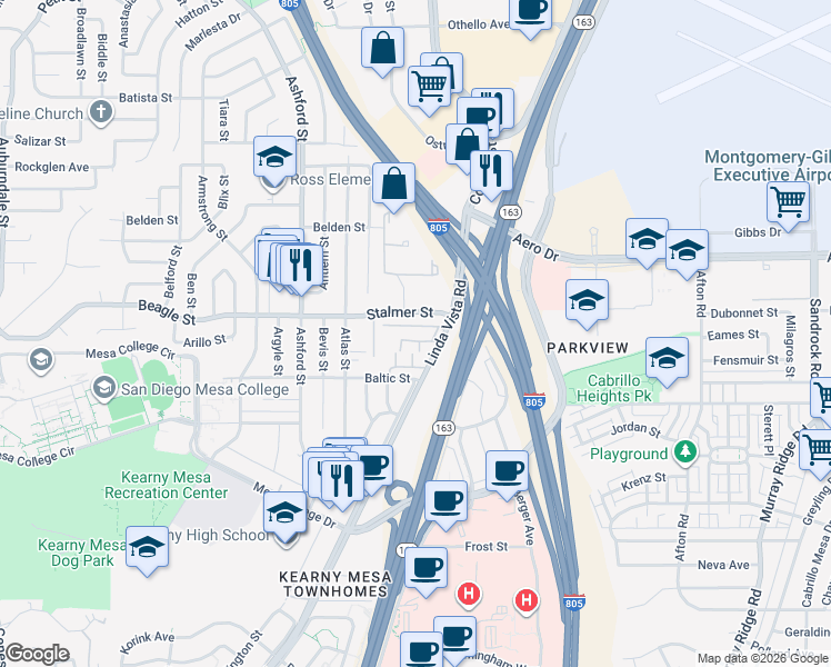 map of restaurants, bars, coffee shops, grocery stores, and more near 8024 Linda Vista Road in San Diego