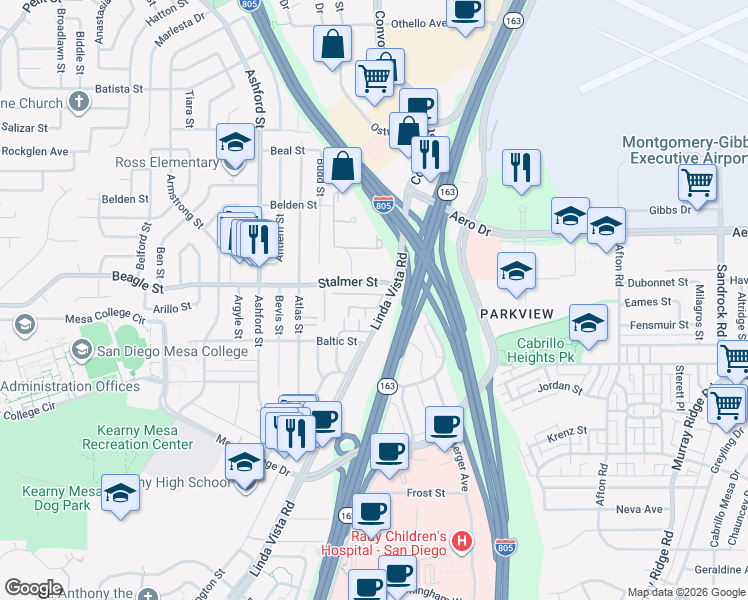 map of restaurants, bars, coffee shops, grocery stores, and more near 8011 Linda Vista Road in San Diego