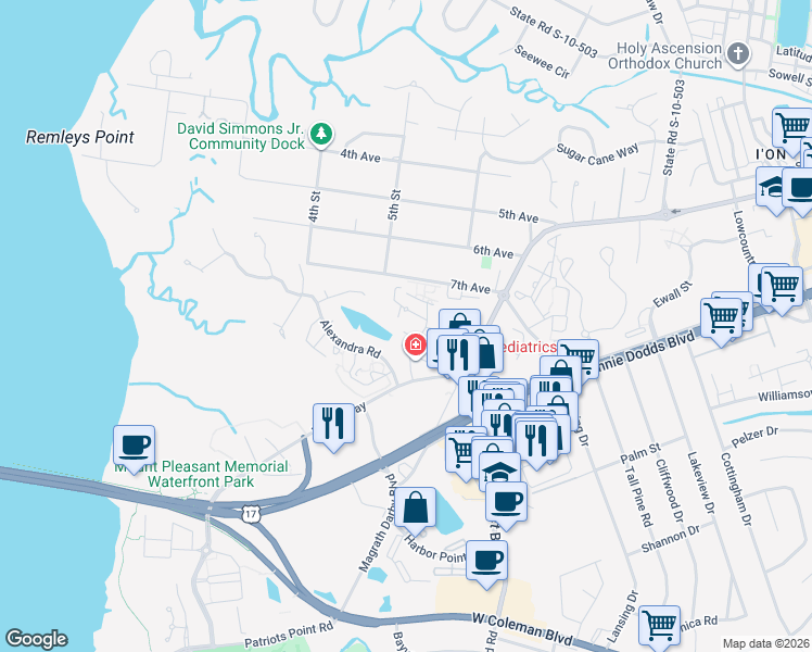 map of restaurants, bars, coffee shops, grocery stores, and more near 262 Alexandra Drive in Mount Pleasant