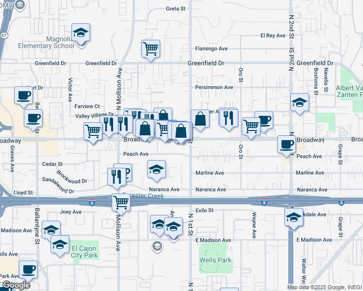 map of restaurants, bars, coffee shops, grocery stores, and more near 17 Peach Avenue in El Cajon
