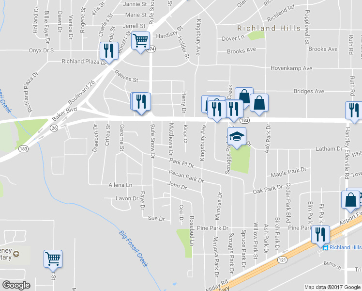 map of restaurants, bars, coffee shops, grocery stores, and more near 3121 Kings Court in Richland Hills