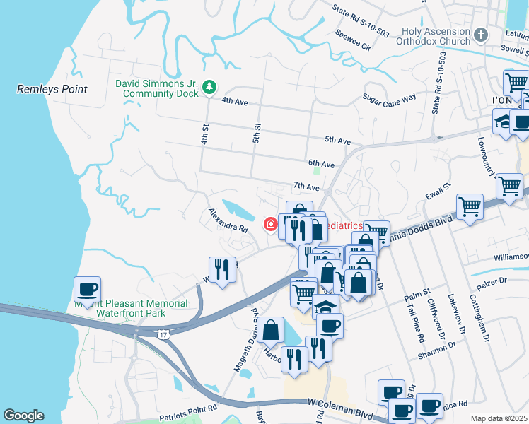 map of restaurants, bars, coffee shops, grocery stores, and more near 319 Lapwing Lane in Mount Pleasant