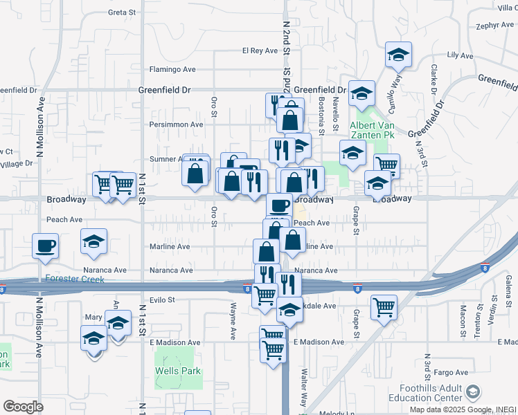 map of restaurants, bars, coffee shops, grocery stores, and more near 1284 Peach Avenue in El Cajon