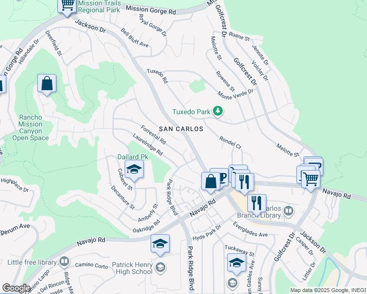 map of restaurants, bars, coffee shops, grocery stores, and more near 6946 Forrestal Court in San Diego