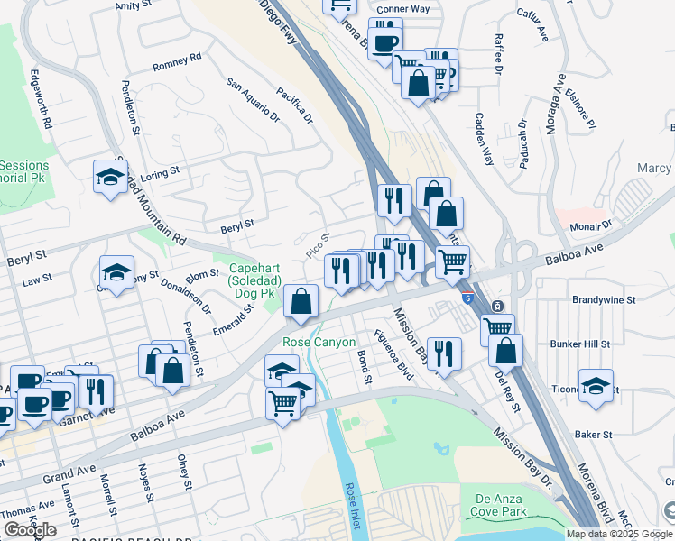 map of restaurants, bars, coffee shops, grocery stores, and more near 2609 Pico Place in San Diego