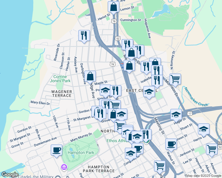 map of restaurants, bars, coffee shops, grocery stores, and more near 35 Poplar Street in Charleston