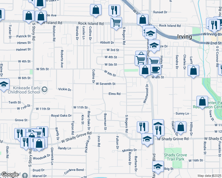 map of restaurants, bars, coffee shops, grocery stores, and more near 1524 Elms Road in Irving